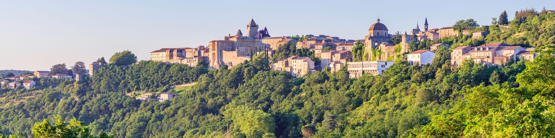 A historic town perched on a hillside with dense forest, medieval architecture, and a prominent church tower.
