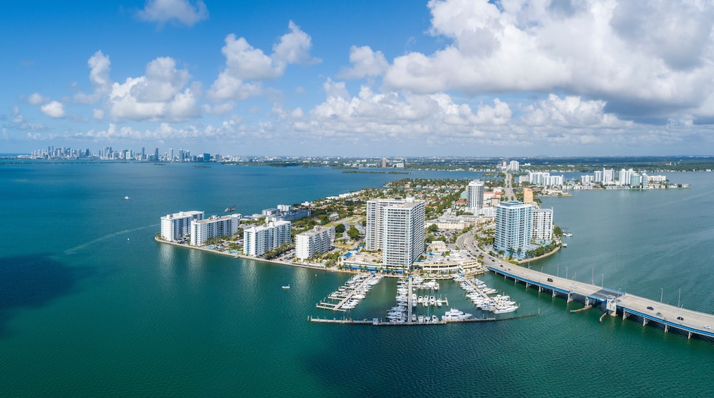 Aerial view of sandy beach and skyscrapers along the coast, North Bay Village, Biscayne Bay, Miami Beach, Florida, United States.