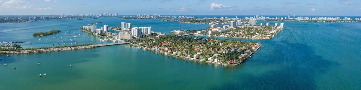 Aerial view of North Bay Village by Biscayne Bay, Florida, United States.