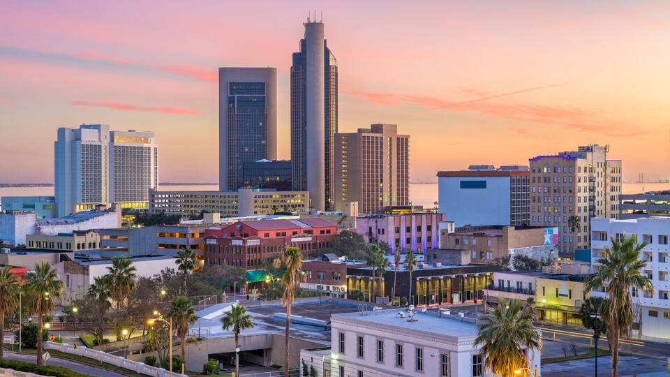 A cityscape with modern buildings, palm trees, and a sunset sky.