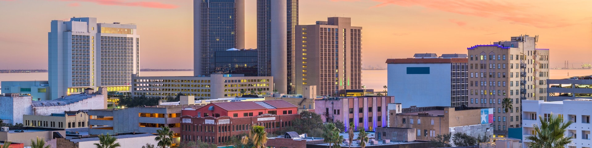 A cityscape with modern buildings, palm trees, and a sunset sky.
