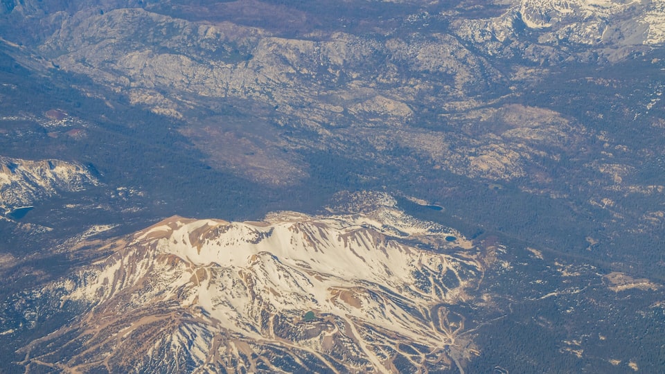 Aerial view of the beautiful Mammoth area with snowy mountain