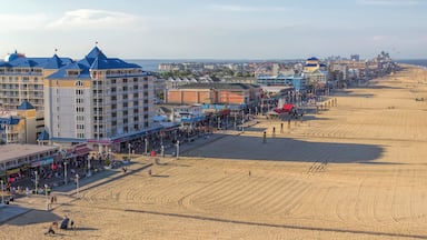 A coastal cityscape with a wide sandy beach, a promenade lined with buildings, and a distant view of the sea.