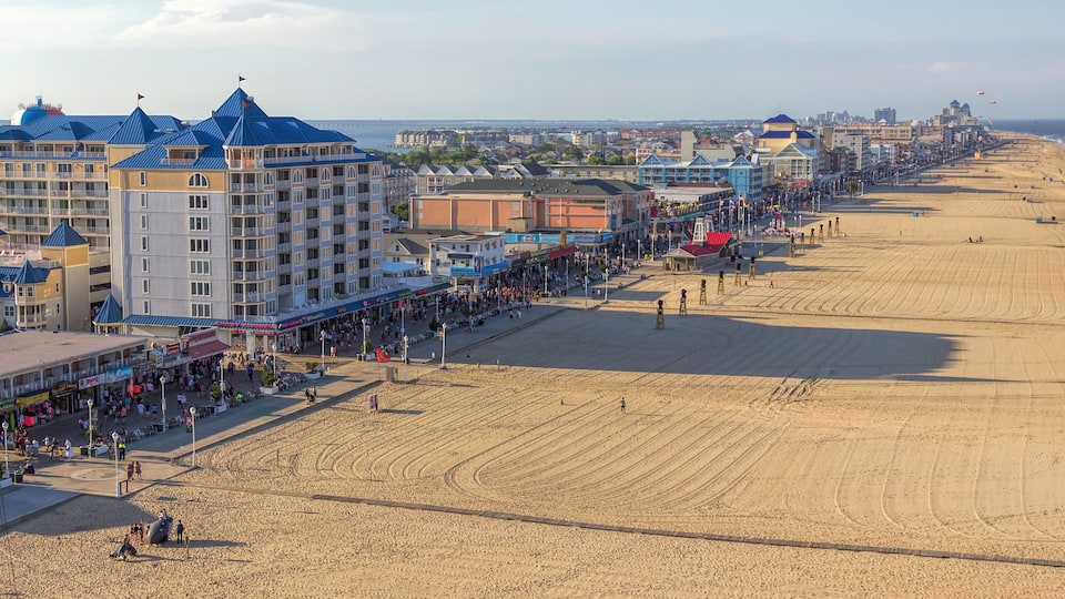 Ocean city, Maryland aerial view of the boardwalk and beach