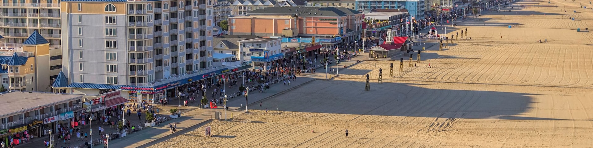 Ocean city, Maryland aerial view of the boardwalk and beach