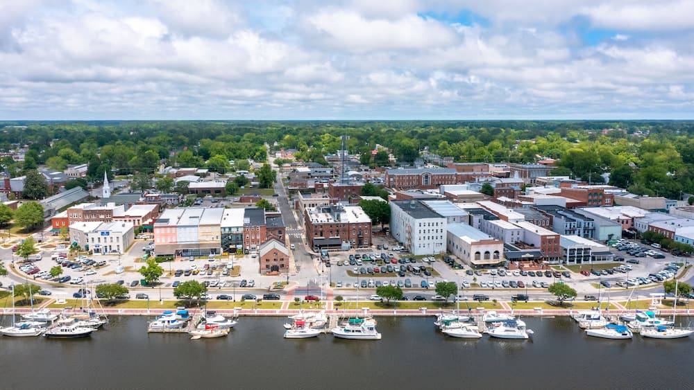 Aerial view of Washington North Carolina looking North from the River