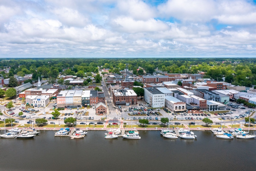 Aerial view of Washington North Carolina looking North from the River