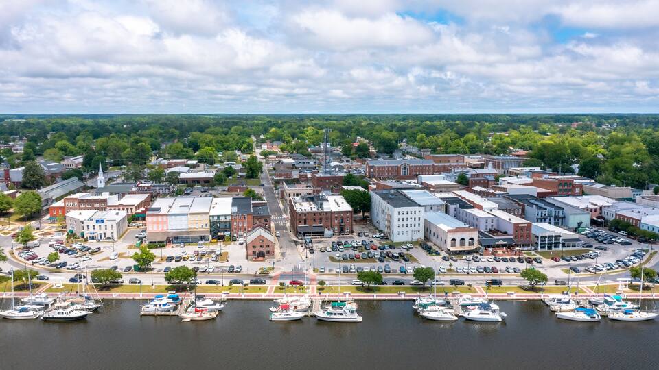 Aerial view of Washington North Carolina looking North from the River