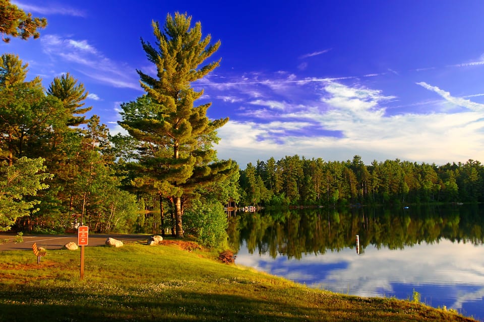 Un lac paisible, bordé d’arbres, sous un ciel dégagé.