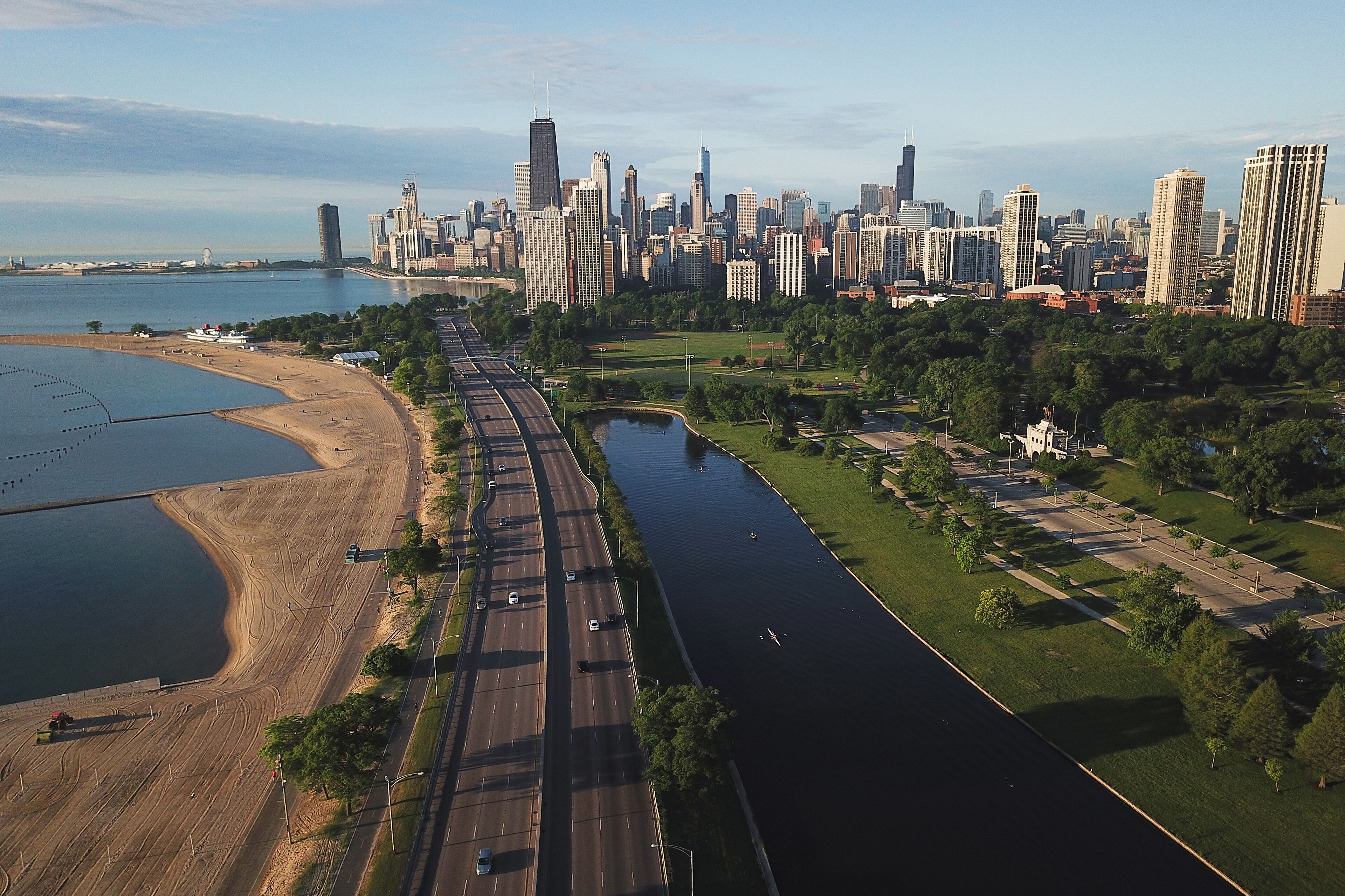 panorama of Chicago from the height and lake Michigan, skyscrapers morning sun