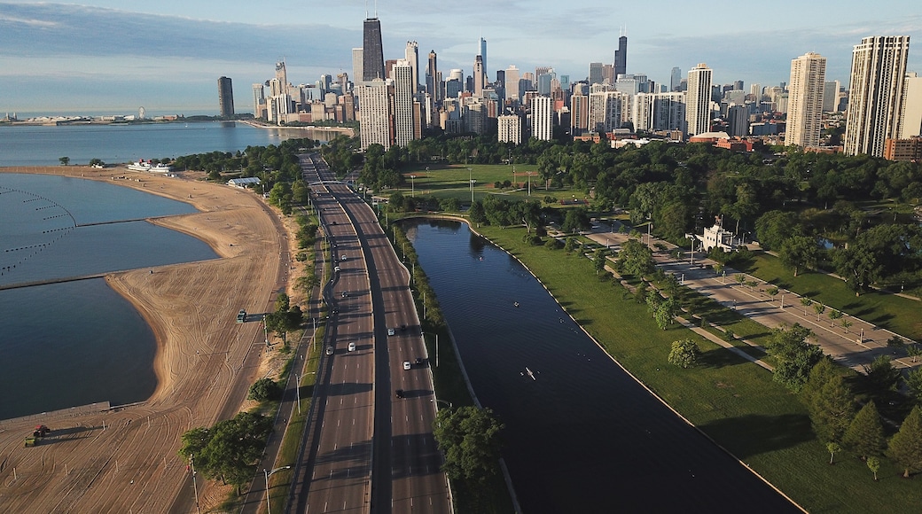panorama of Chicago from the height and lake Michigan, skyscrapers morning sun