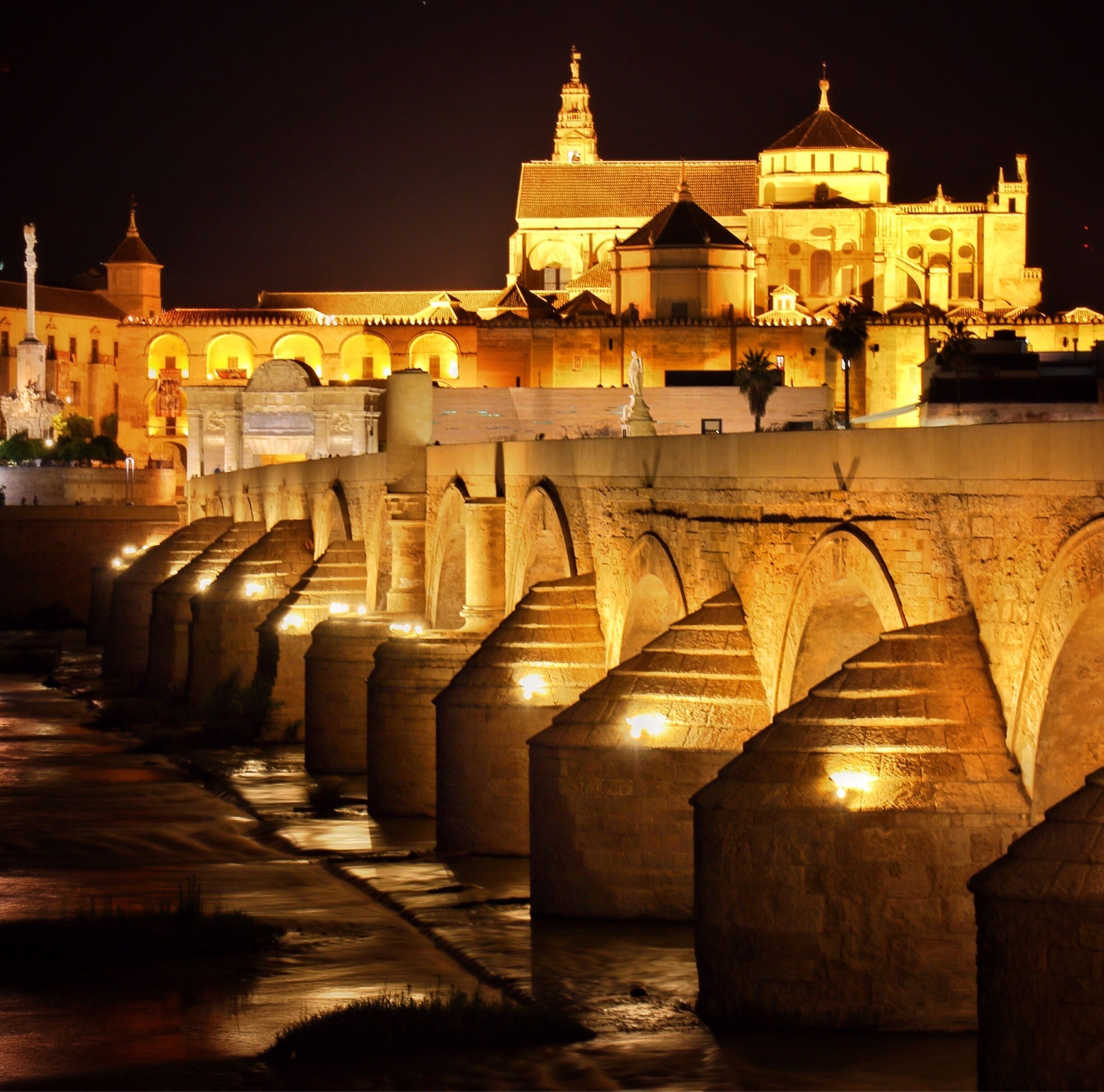 By June Córdoba is unbearably hot in the daytime but the city comes alive at night. If you cross the puente Romano you'll get a superb view of the cathedral and it's all lit up at night