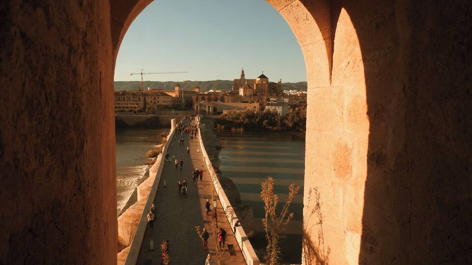 A stone bridge with people walking, a river, and buildings in the background.