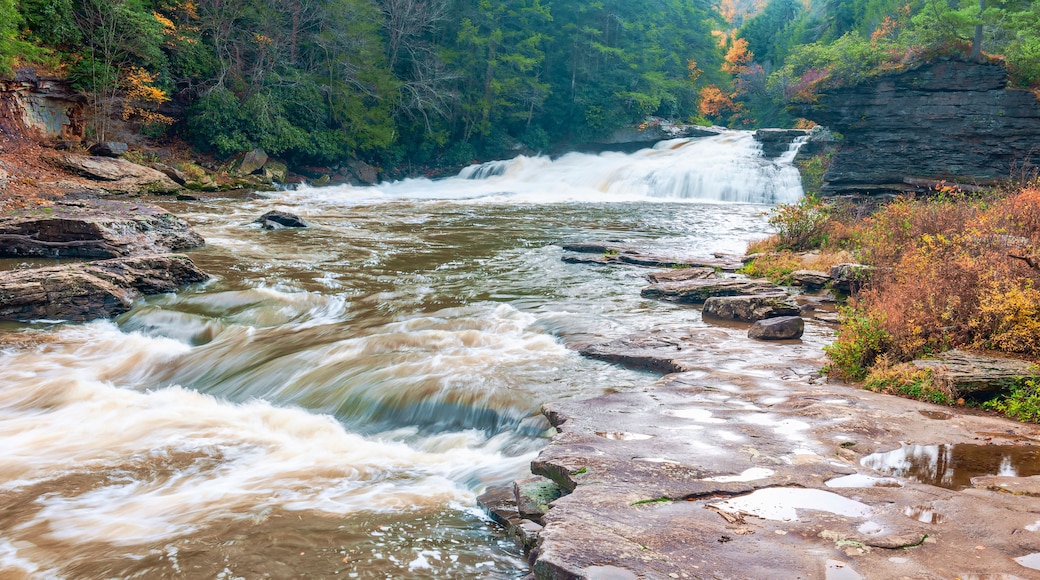A river flowing through a rocky landscape with a waterfall.