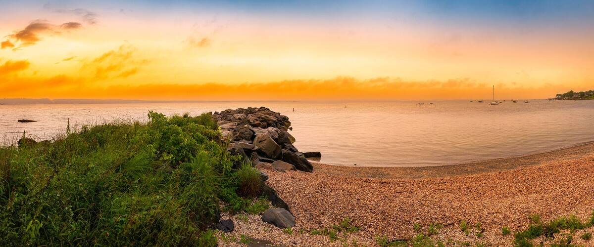Sunset Beach Panorama at Sunrise over Narragansett Bay in North Kingstown, Rhode Island