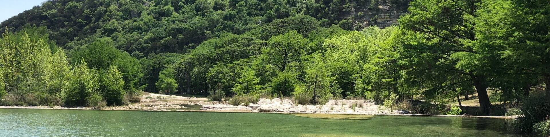 A clear lake surrounded by lush green trees and a rocky mountain.