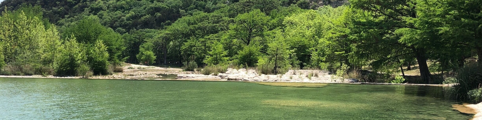 Un lago transparente rodeado de exuberantes árboles verdes y una montaña rocosa.