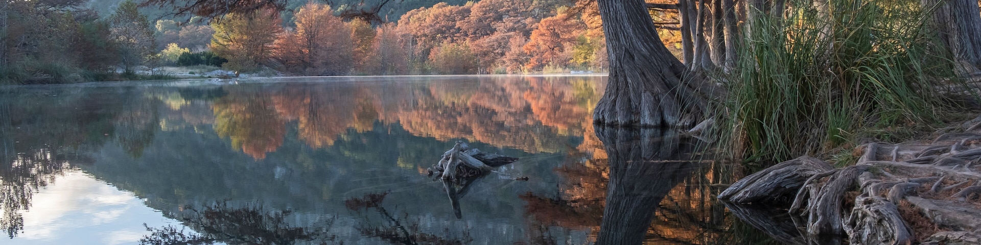 Landscapes of Texas Hill Country in the fall, autumn, season changing, outdoors, river, camping