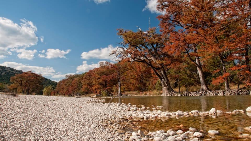 A riverbank with pebbles and autumn-colored trees.