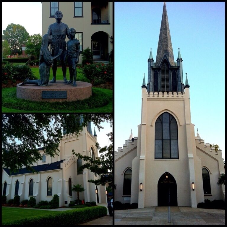 This is the mother church of Roman Catholicism in this area, serving as the only Catholic Church in Columbus from 1880 to 1958. The first Catholic church, the Church of Sts. Philip and James, was built in 1835 on what is now Chapel Street on one of the original lots designated for churches when Columbus was founded in 1828. Early missionary efforts from Sts. Philip and James reached Decatur and Terminus (now Atlanta), Macon, Eufaula, and Apalachicola, Fla. Missionaries visited these stations by rail, riverboat, oxcart or even by foot, quarterly or twice yearly. First resident pastor was Rev. James Graham.

The parish relocated to this site when the new church was dedicated May 12, 1880, and the name changed to The Church of The Holy Family. The Gothic-Byzantine structure was designed by architect Daniel Matthew Foley who was born in Dublin, Ireland. This church was built on property given by the Sisters of Mercy. The parish education building is located on the site where their convent and the school, St. Joseph´s Academy, stood from 1870 to 1964. This is the only downtown church with a grave located on its grounds. Rev. Michael Cullinan, a pastor of Sts. Philip and James, was buried here just east of the church´s main entrance. 
