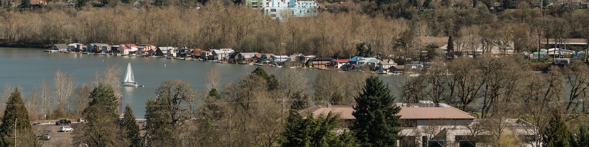 Boats on Willamette River Below Mount Hood Oregon North America
