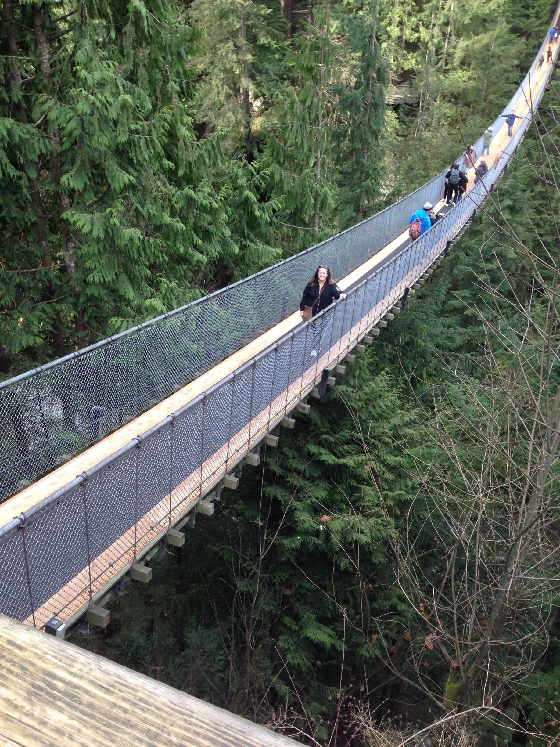 View from the Capilano Suspension Bridge. Can't believe I braved it. Thrilling for non thrill seekers ;)

The Capilano Suspension Bridge located in a rainforest  crossing over the Capilano River in the District of North Vancouver, British Columbia, Canada. The current bridge is 140 metres (460 ft)[1] long and 70 metres (230 ft) above the river. It is part of a private facility, with an admission fee, and draws over 800,000 visitors a year.