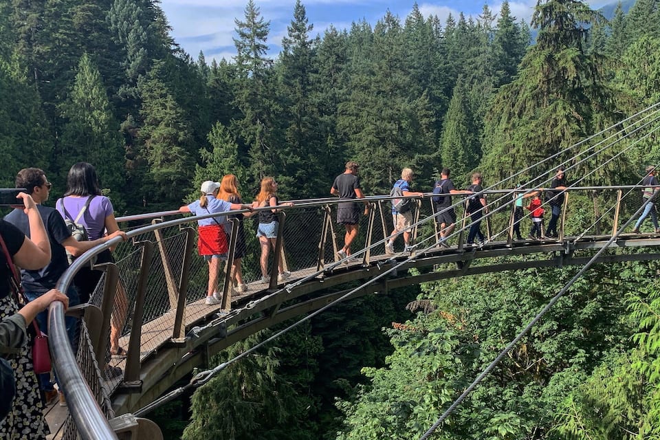 Un pont suspendu situé dans une zone boisée, avec des personnes qui le traversent.