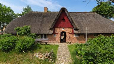 A thatched-roof house with a red door and brick walls, surrounded by greenery and a cobblestone path.