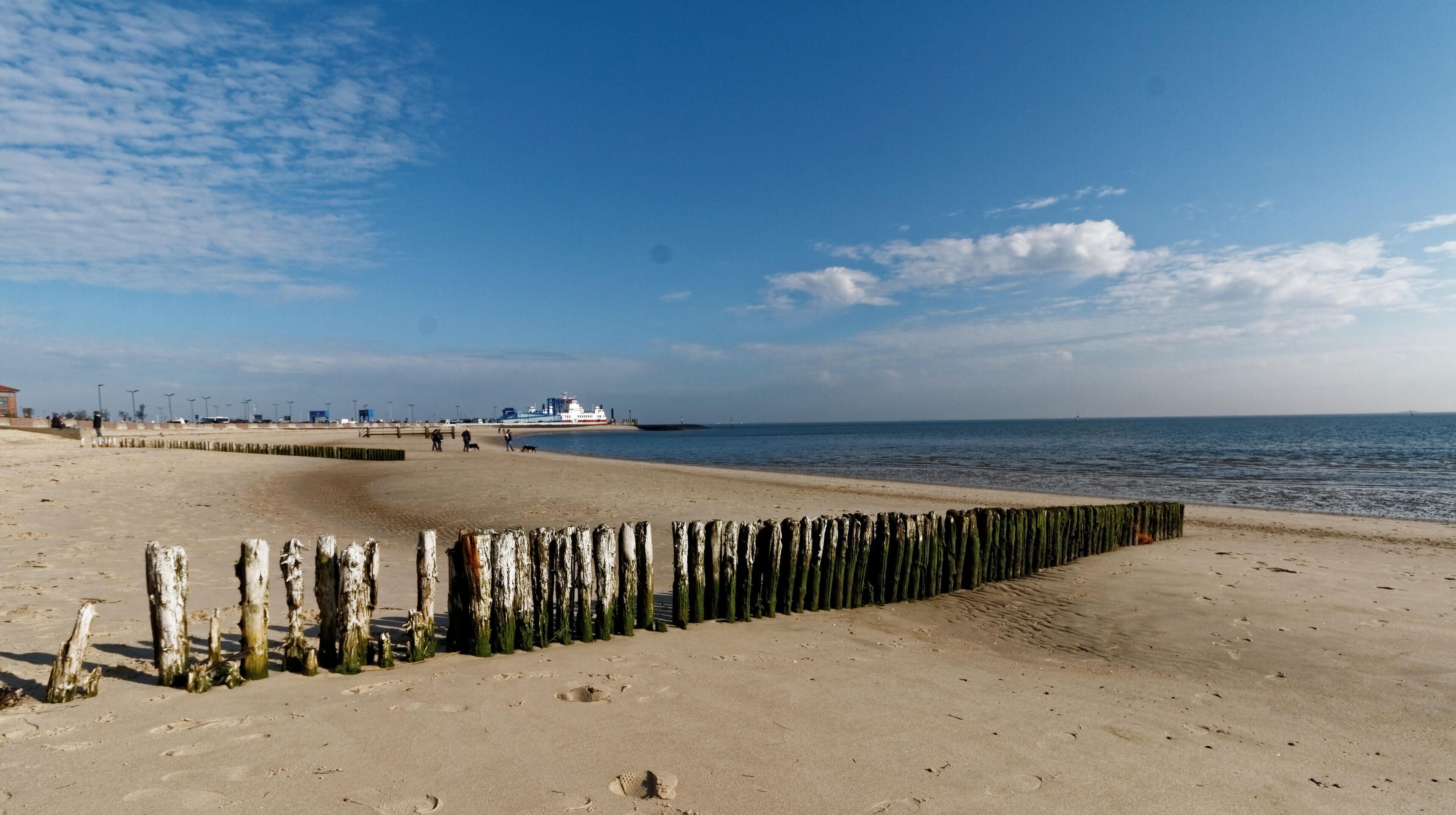 A sandy beach with a wooden breakwater, a calm sea, and a distant ferry.