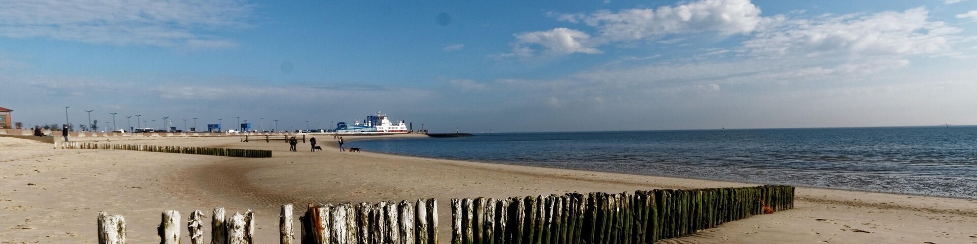 A sandy beach with a wooden breakwater, a calm sea, and a distant ferry.