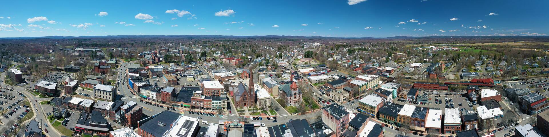Aerial panorama of Northampton, Massachusetts, United States on a beautiful day