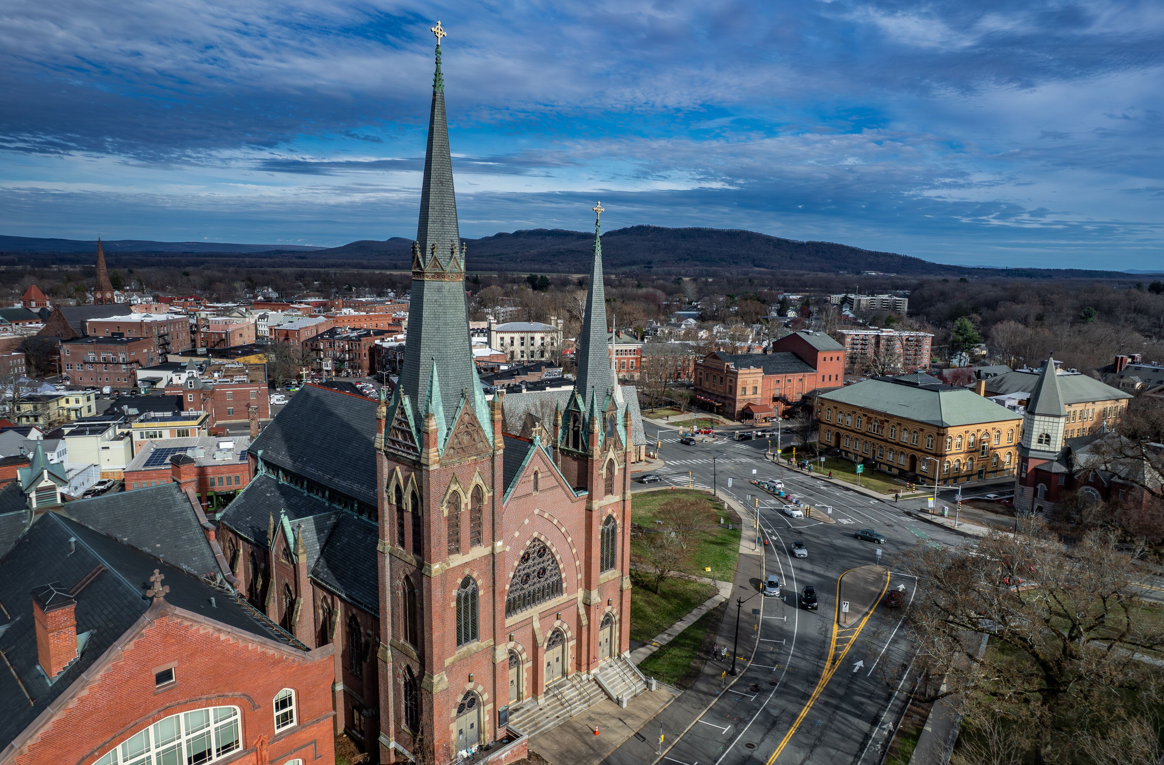 Aerial view of Northampton, Massachusetts in early spring 