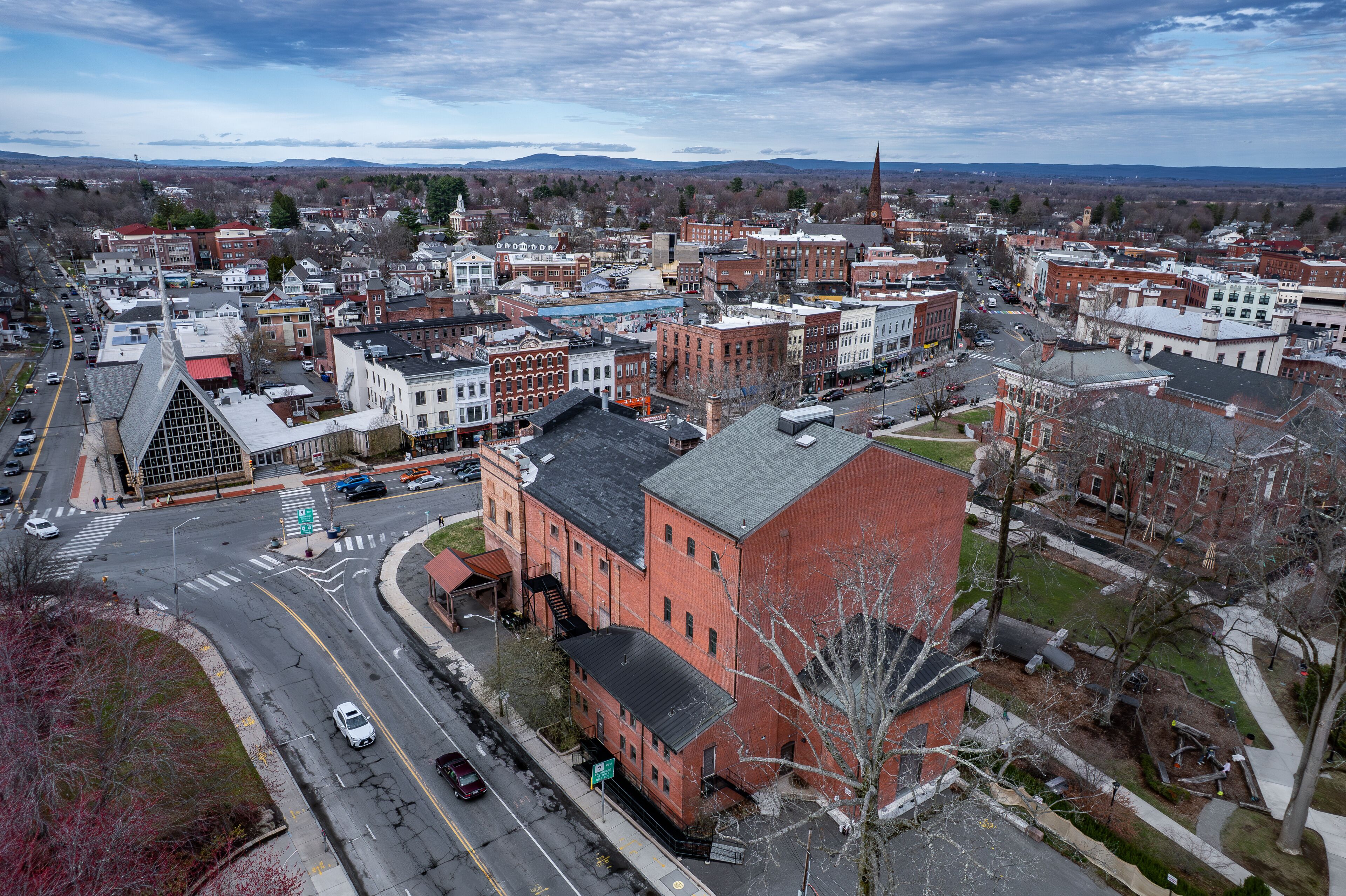 Aerial view of Northampton, Massachusetts in April 