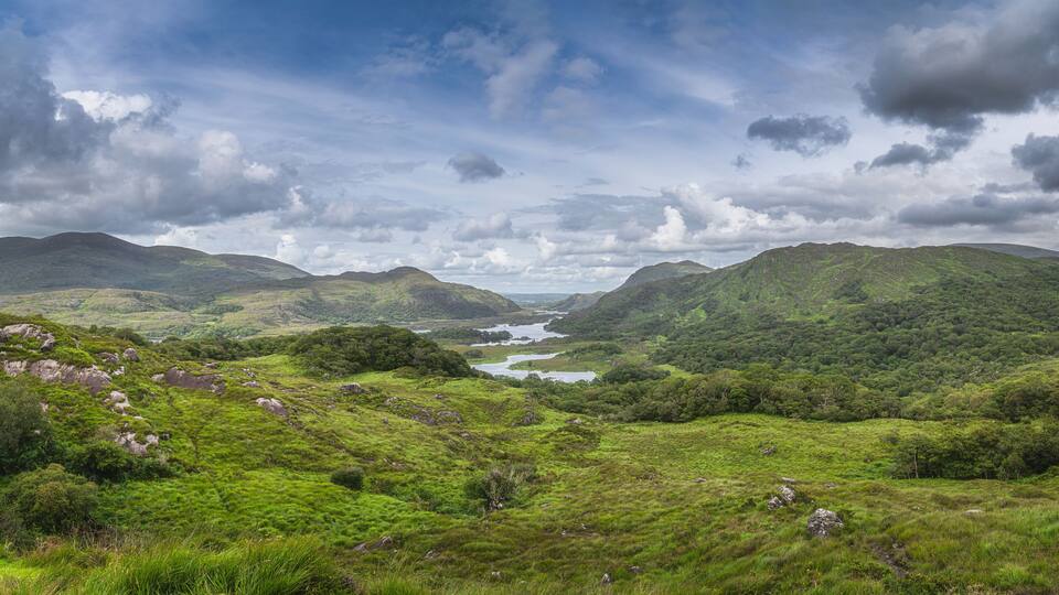 Irish iconic viewpoint, Ladies View, closeup on lakes, green valley and mountains, Killarney, Rink of Kerry, Ireland