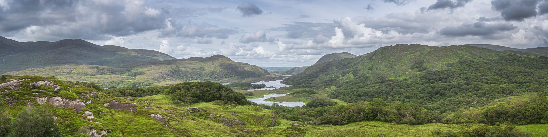 Irish iconic viewpoint, Ladies View, closeup on lakes, green valley and mountains, Killarney, Rink of Kerry, Ireland