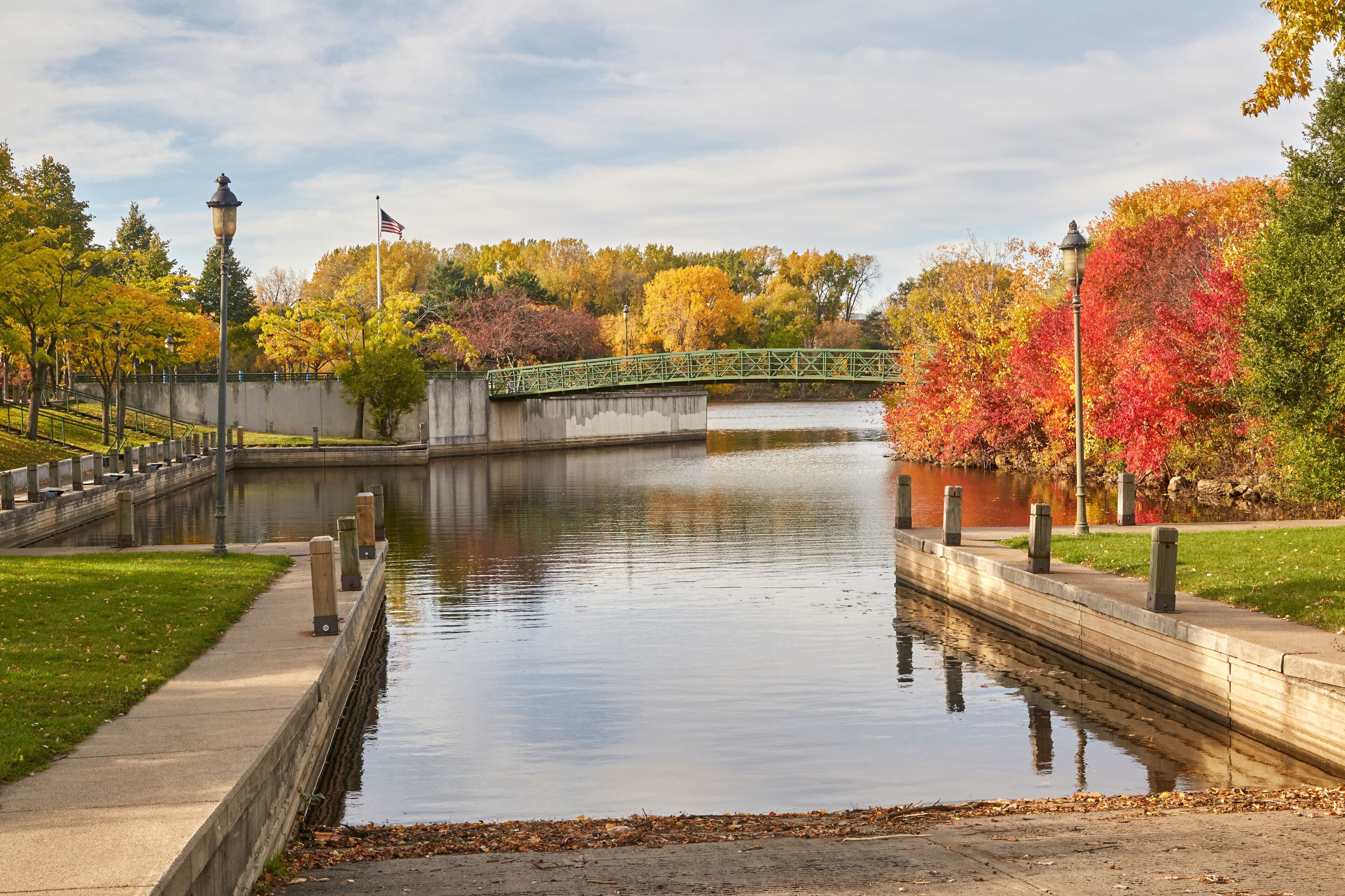 Mississippi River park near downtown Minneapolis Minnesota with boat launch and docks