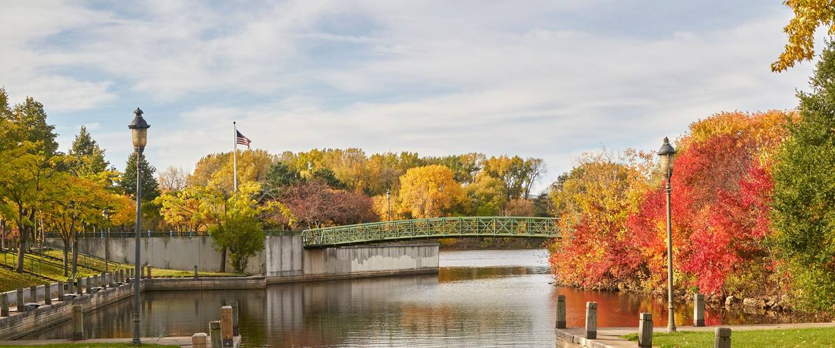 Mississippi River park near downtown Minneapolis Minnesota with boat launch and docks