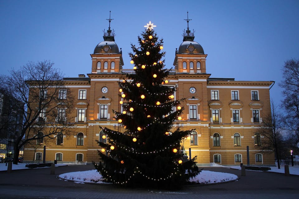A large Christmas tree in front of a historic building with two domes.