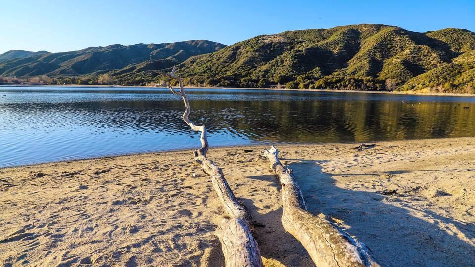 a long piece of a downed tree on the beach with gorgeous still lake water and lush green mountain ranges with blue sky at Silverwood Lake State Recreation Area in Hesperia California USA