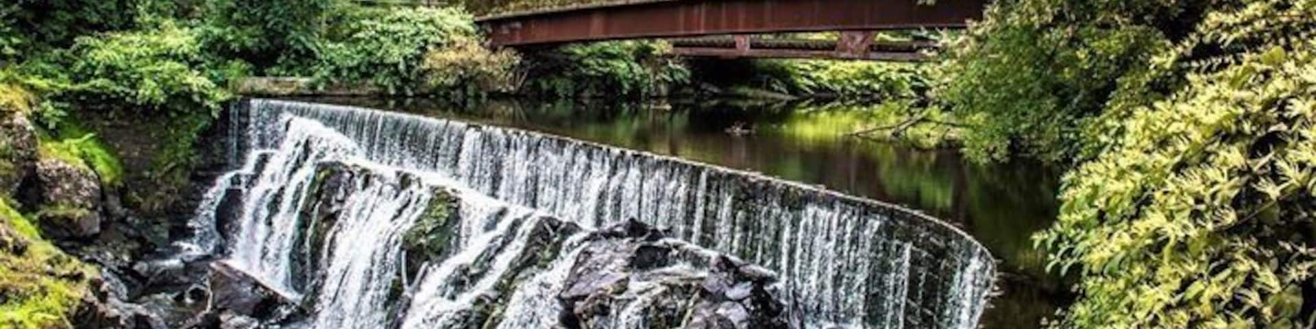 Yantic Falls Indian Leap in Norwich.. Yantic Falls is located on the Yantic River northwest of downtown Norwich, dropping 40 feet through a narrow slot now spanned by a railroad bridge and a footbridge. Good for urban hiking but a pretty waterfall to look at! #nature