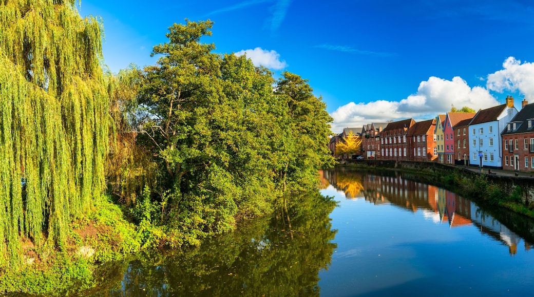 Beautiful panorama of Quay Side architecture reflected in River Wensum. Norwich, Norfolk. England