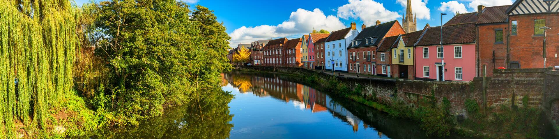 Beautiful panorama of Quay Side architecture reflected in River Wensum. Norwich, Norfolk. England