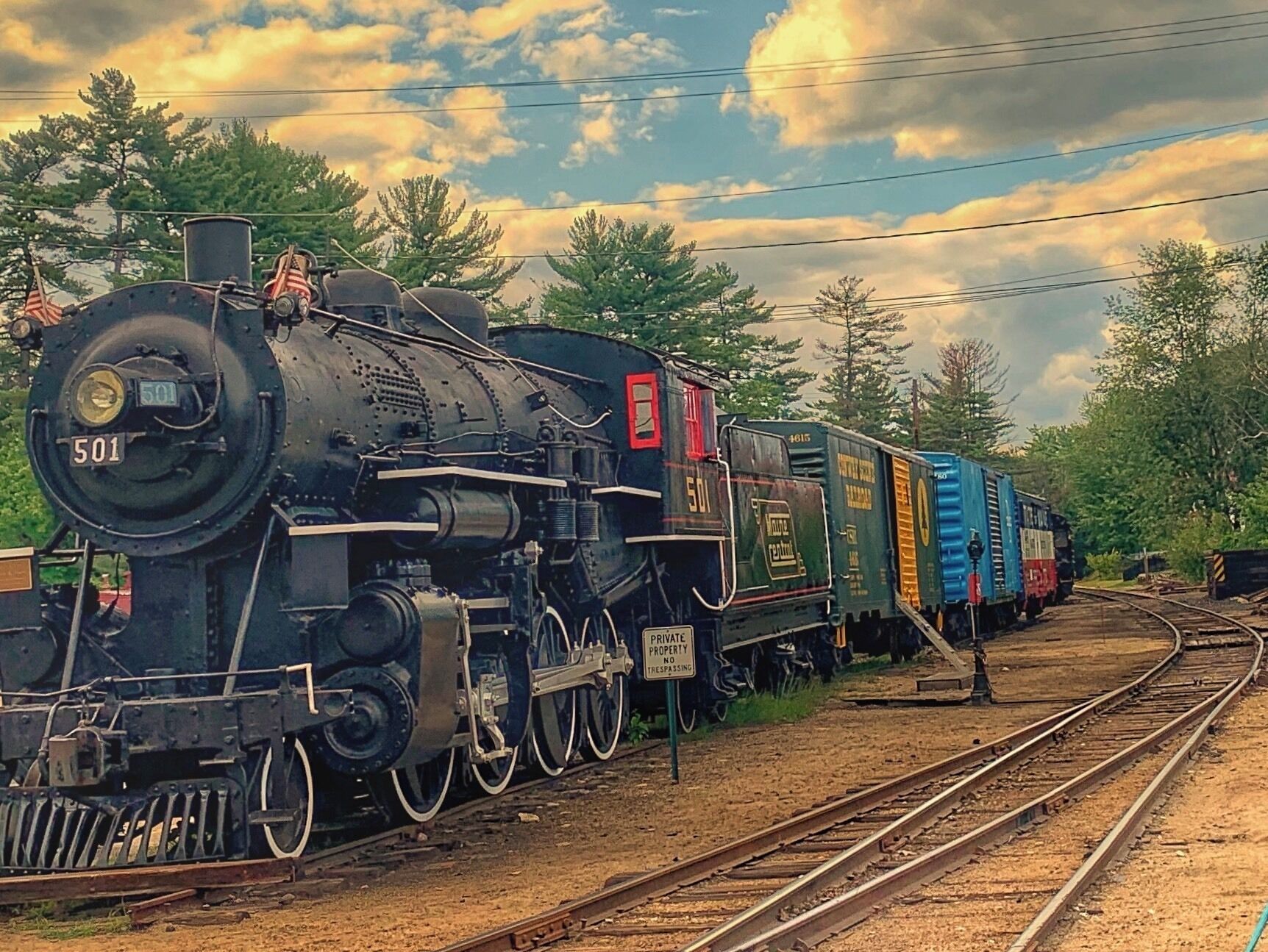 Una locomotora de vapor amb el número 501, un vagabund i alguns vagons de mercaderies sobre una via fèrria.