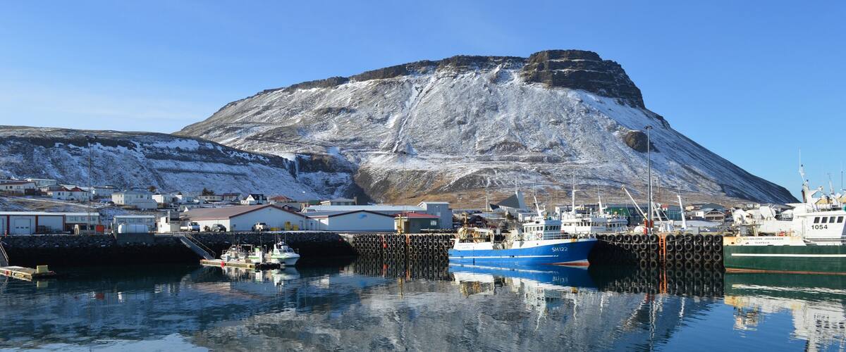 A harbor with boats, a mountain, and buildings.
