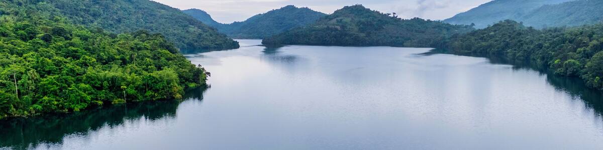 Low aerial shot of Lake Danao in Leyte Philippines in the early morning.
