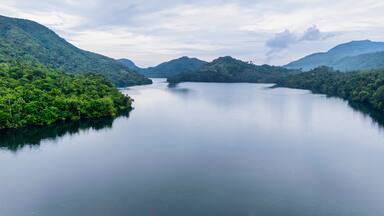 Low aerial shot of Lake Danao in Leyte Philippines in the early morning.