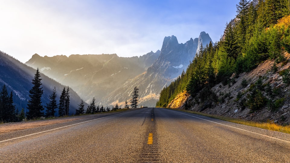 A mountain road flanked by evergreen trees and rugged peaks under a clear sky.