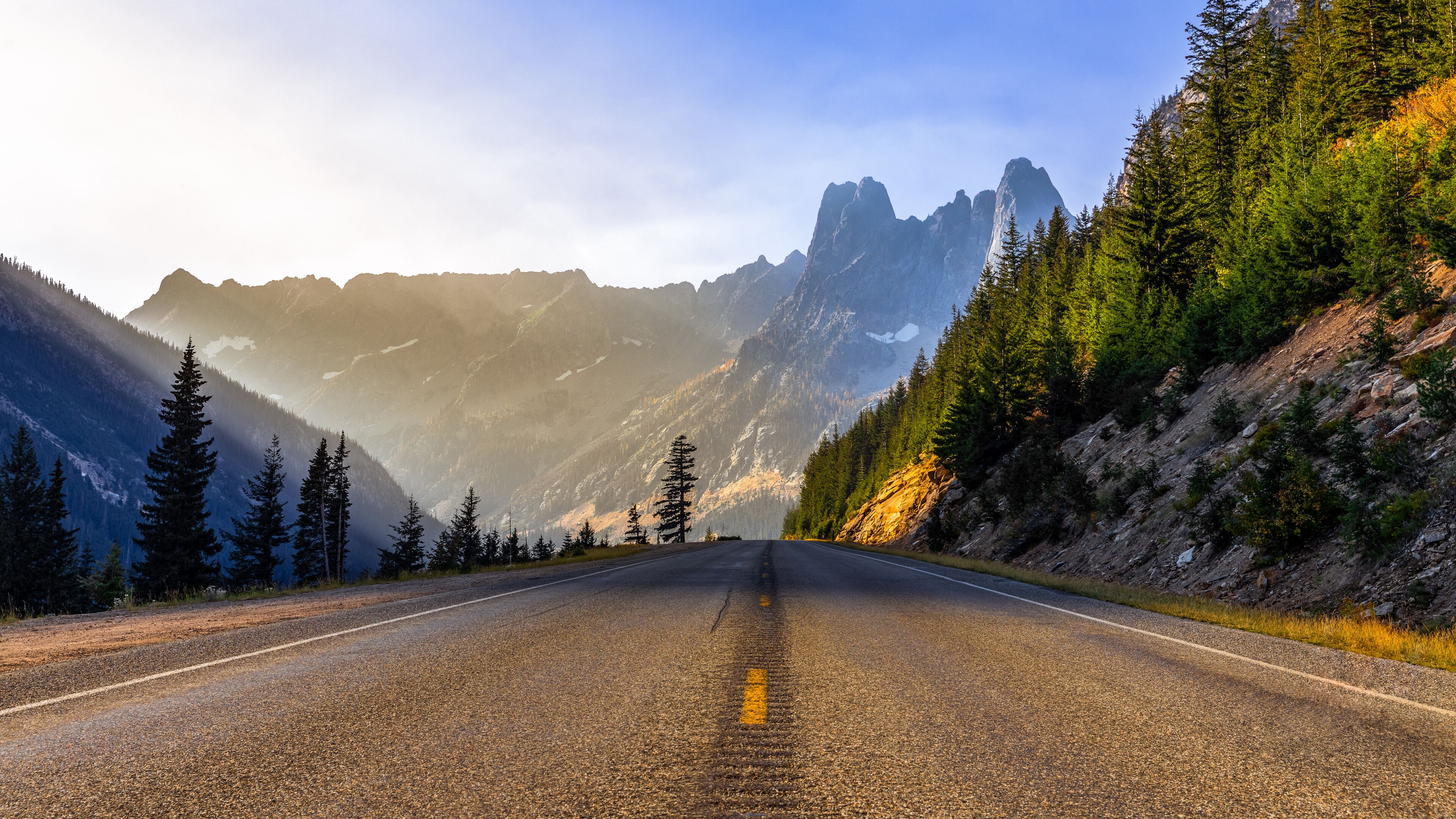 A mountain road flanked by evergreen trees and rugged peaks under a clear sky.