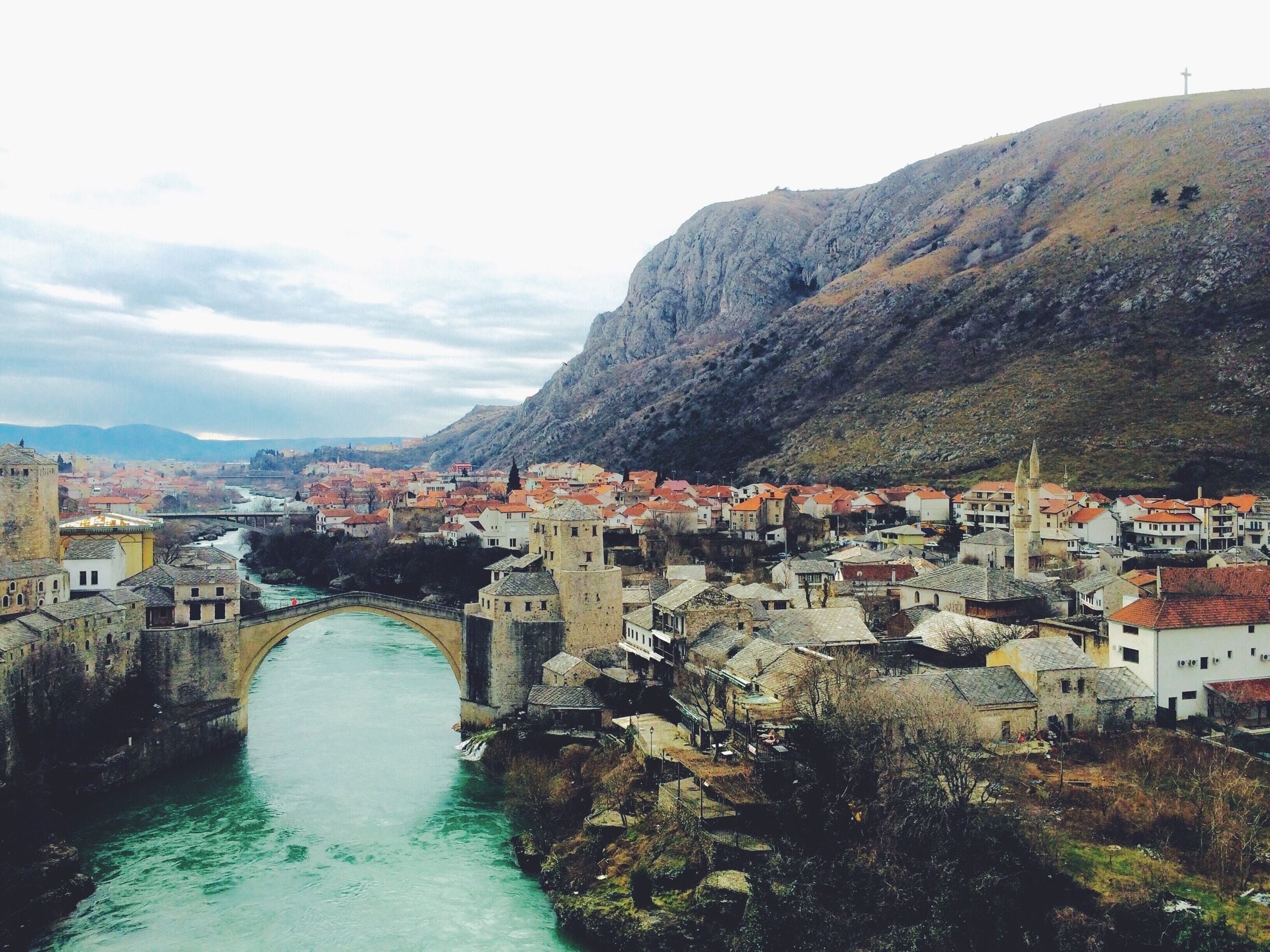 Mostar and Neretva River, seen at the minaret of a mosque. 