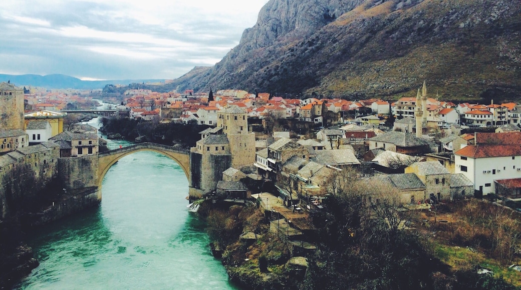 Mostar and Neretva River, seen at the minaret of a mosque.
